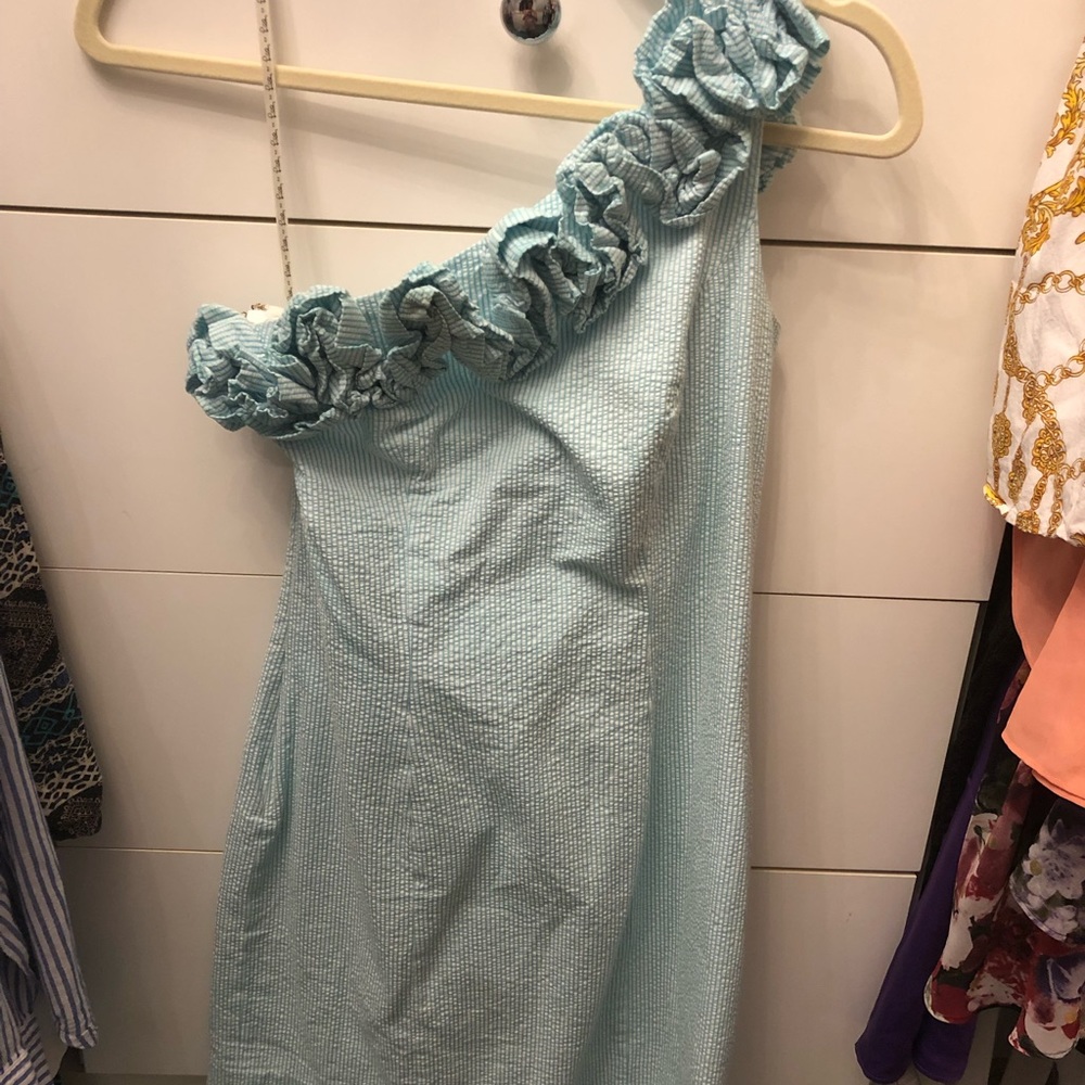 Lilly Pulitzer blue seersucker one shoulder dress